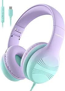 Kids USB-C Headphones with Mic, 85/94dB Volume Limit, Green