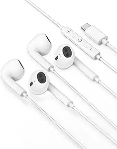 USB C Headphones for iPhone 17, 2 Pack USB Type C Earbuds HiFi Stereo Noise Earphones reduction with Mic&Volume Control for iPhone 17 16 15, iPad Pro, Galaxy S23/S22/S21/Ultra Note 20, Pixel 7 -White