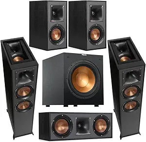 Klipsch Reference 5.1 Dolby Atmos Home Theater System with R-625FA Floorstanding Speakers, R-52C Center, R-41M Surrounds & R-12SW 12″ Powered Subwoofer, Black (Speaker System + Subwoofer)