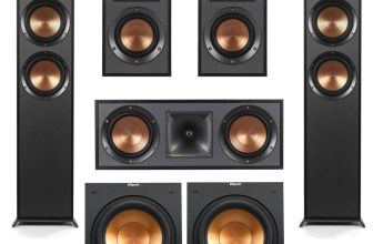 Klipsch Reference 5.2 Dolby Atmos Home Theater System with R-625FA Floorstanding Speakers, R-52C Center, R-41M Surrounds & 2X R-12SW 12″ Powered Subwoofer, Black (Speaker System + 2X Subwoofers)