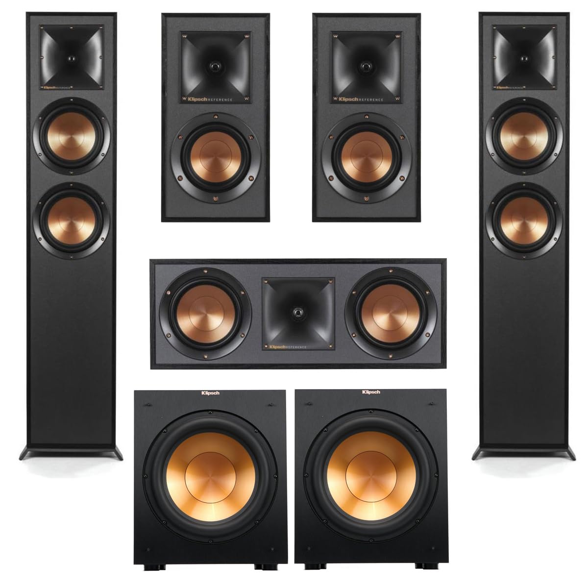 Klipsch Reference 5.2 Dolby Atmos Home Theater System with R-625FA Floorstanding Speakers, R-52C Center, R-41M Surrounds & 2X R-12SW 12″ Powered Subwoofer, Black (Speaker System + 2X Subwoofers)
