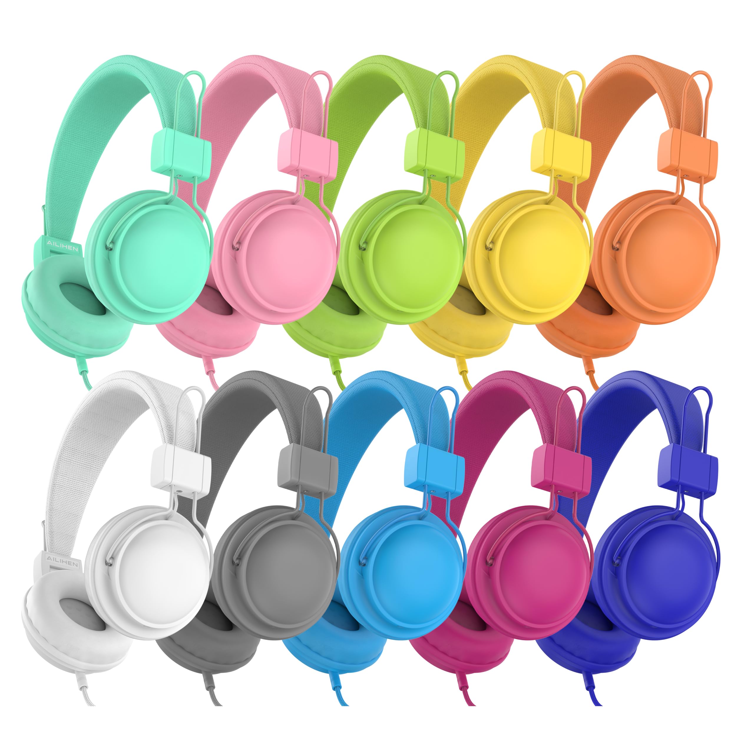 AILIHEN Kids Headphones for School, Classroom Headphones Bulk 10-Pack for K-12th Grade Students, 85dB Volume Limit, Shareable, Foldable, 3.5mm Jack for Library, Online Learning (Multicolor)