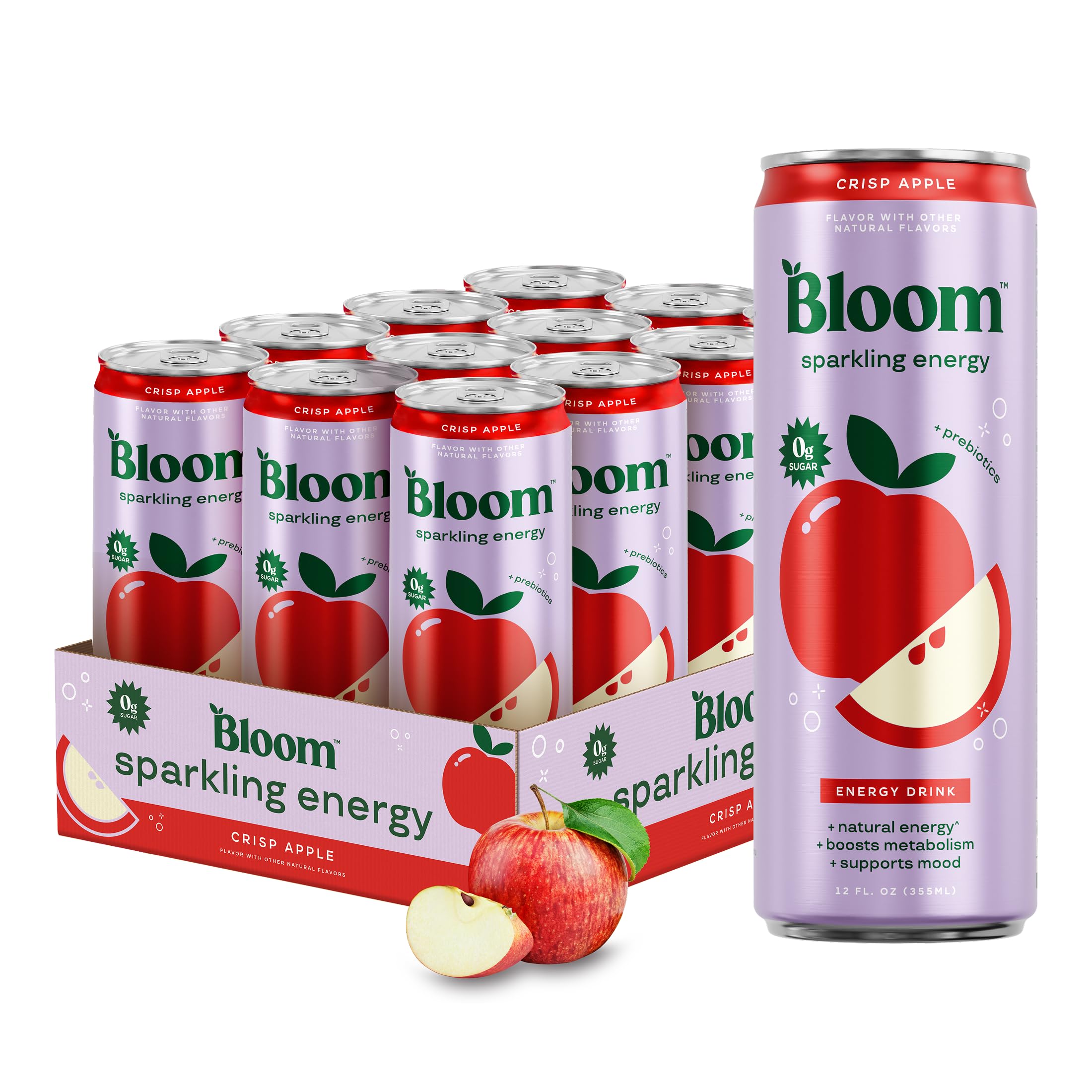 Bloom Nutrition Sparkling Energy Drink – Natural Caffeine, Zero Sugar, 180mg Caffeine – Antioxidant-Rich with Green Coffee Bean, Green Tea Extract, Prebiotics – Crisp Apple – 12oz 12 Pack